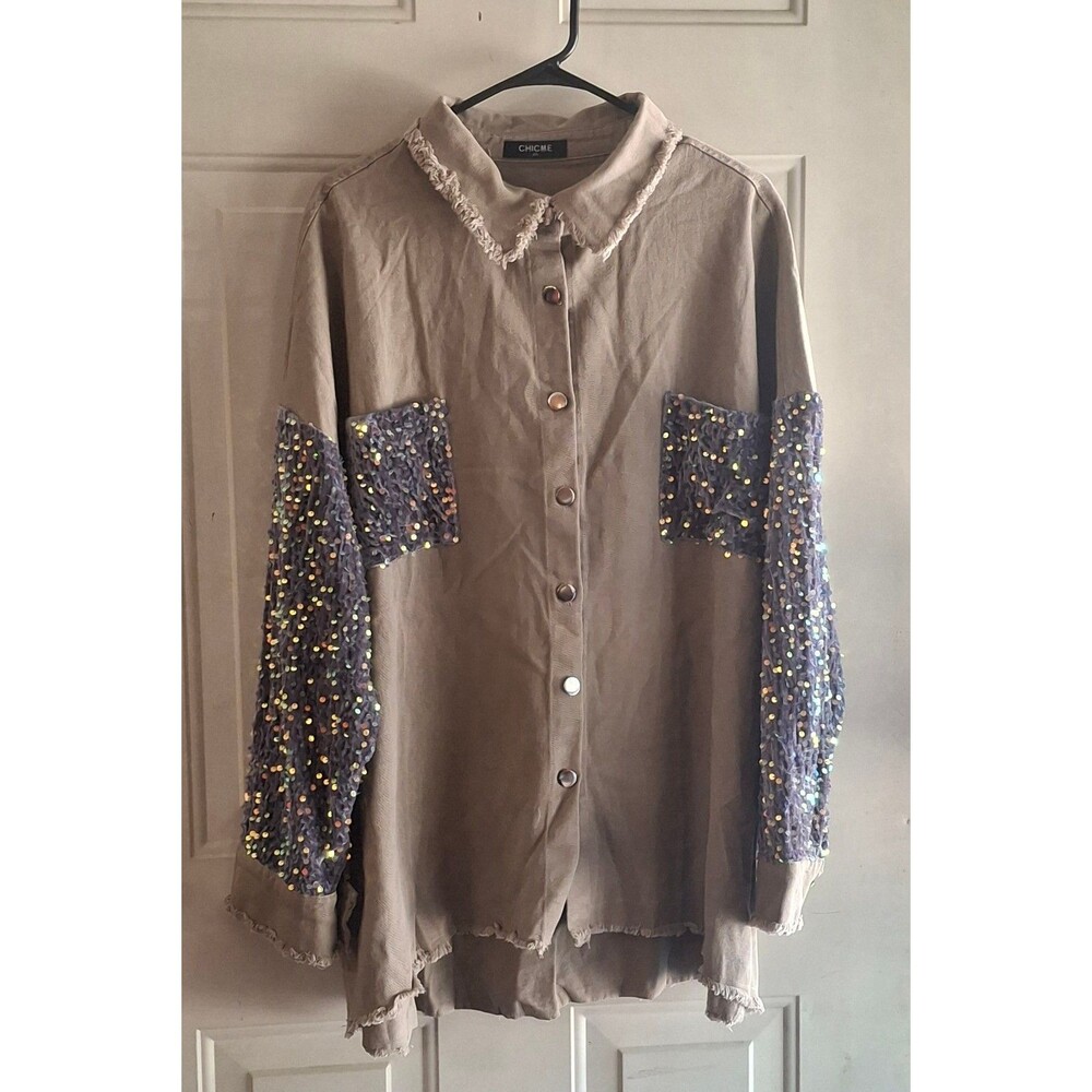 CHICBE Women's Sequined Pocket Button Down Shirt